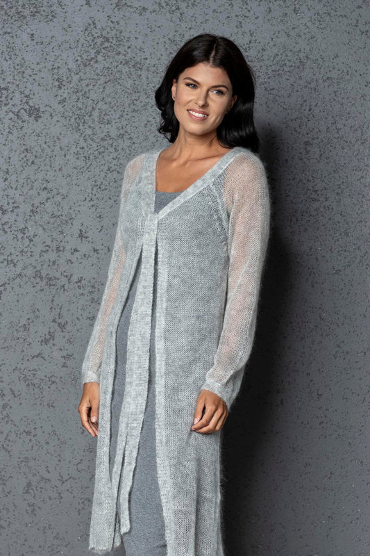 Knit lightweight mohair long cardigan ROMANCE - light gray