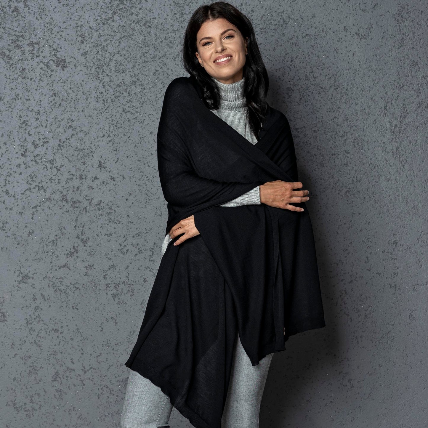 Knit wide minimalist 100% merino wool Wrap - Scarf and hat - AGNES, black