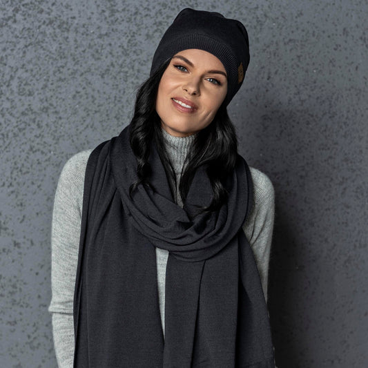 Knit wide minimalist 100% merino wool Wrap - Scarf and hat - AGNES, graphite