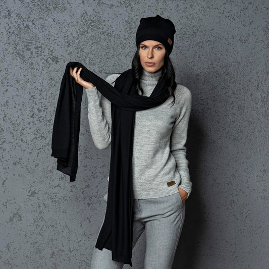 Knit wide minimalist 100% merino wool Wrap - Scarf and hat - AGNES, black