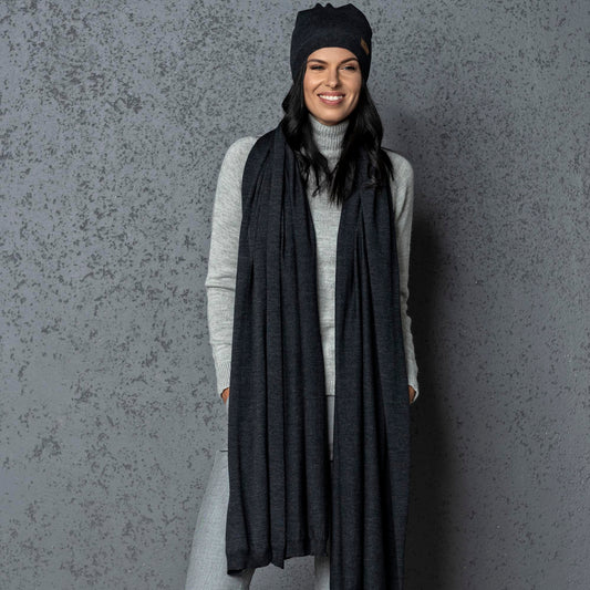 Knit wide minimalist 100% merino wool Wrap - Scarf and hat - AGNES, gray