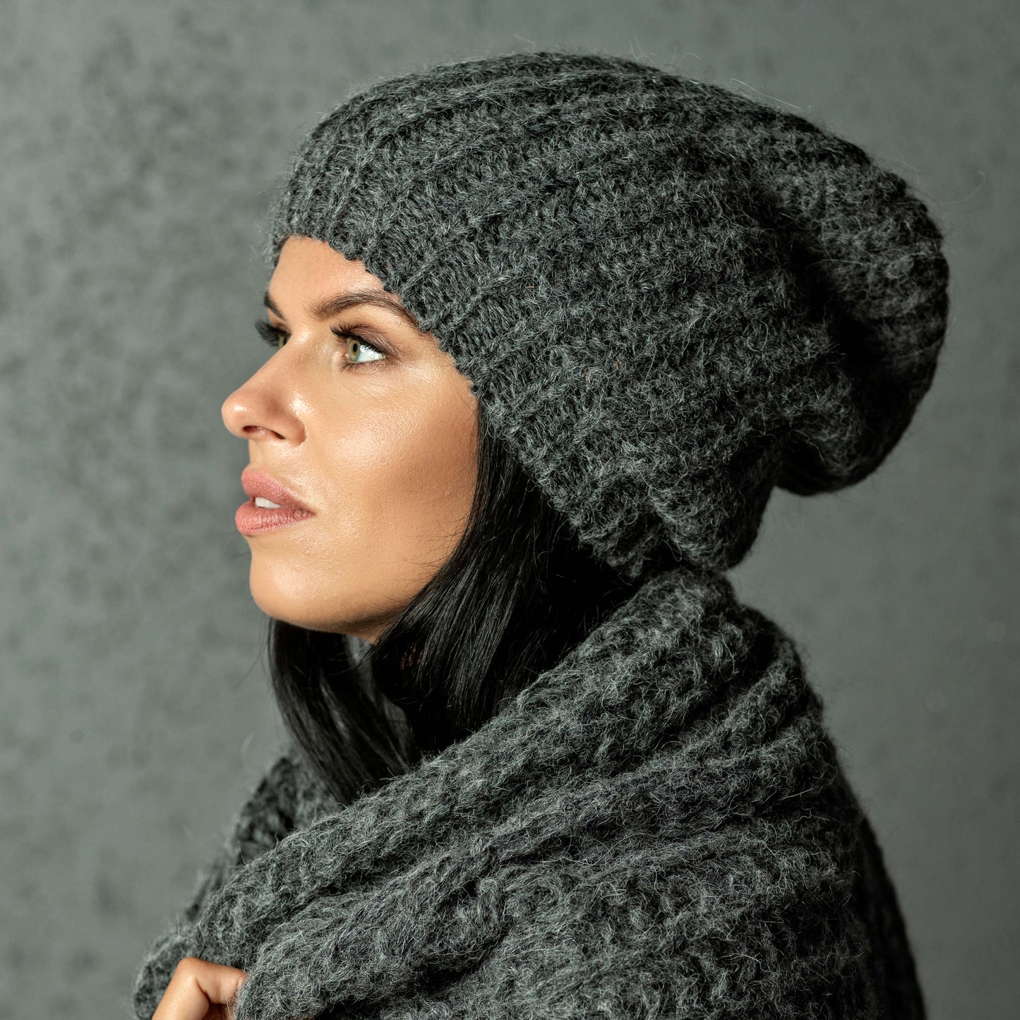 Chunky Knit massive alpaca wool Scarf and hat - gray