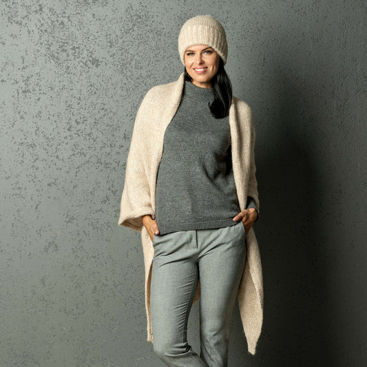 Chunky Knit triangle alpaca wool Scarf and hat - creamy