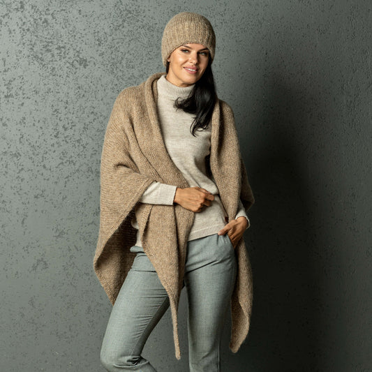 Chunky Knit triangle alpaca wool Scarf and hat - camel