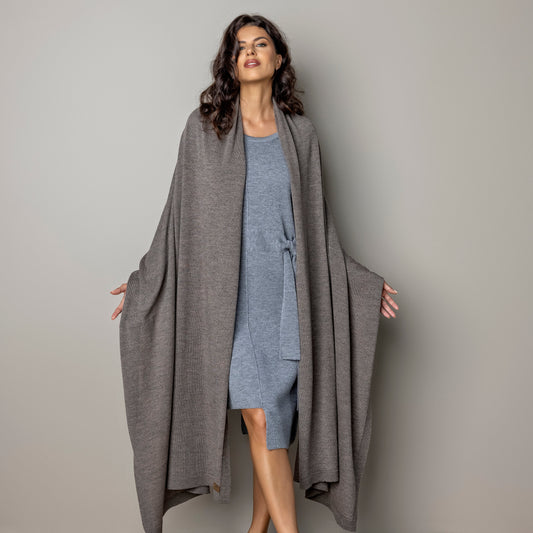 Knitted wide minimalist 100% merino wool Wrap - Scarf cocoa