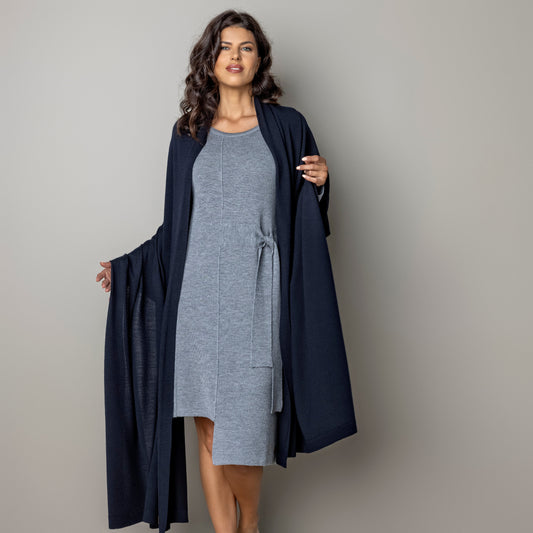 Knitted wide minimalist 100% merino wool scarf - dark blue