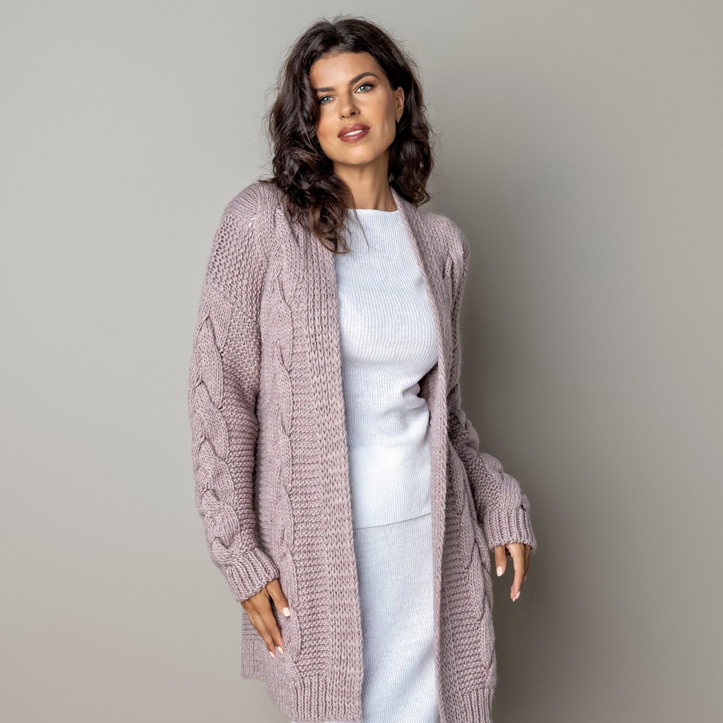 Chunky knit alpaca wool cardigan NORA - dusty rose