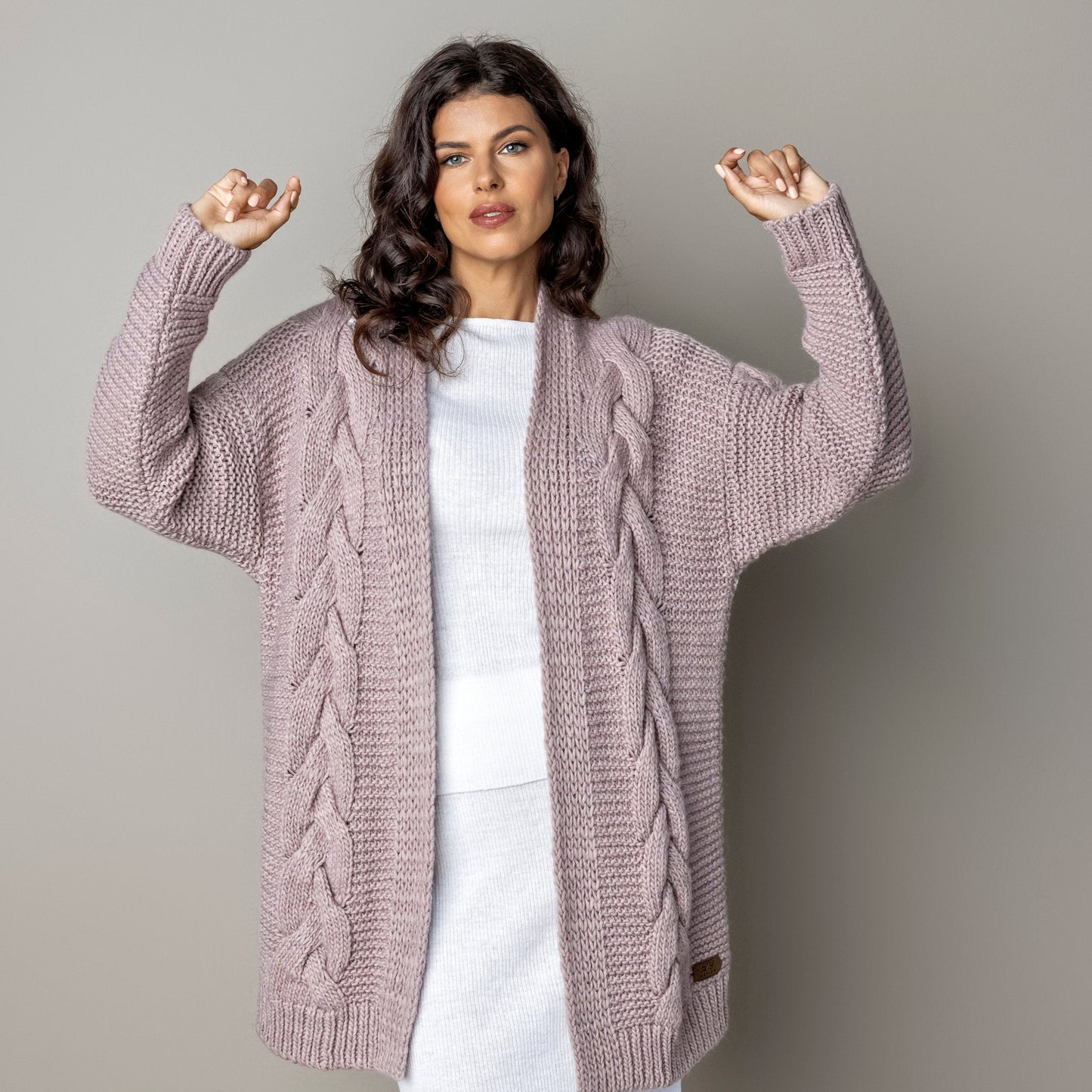 Chunky knit alpaca wool cardigan NORA - dusty rose