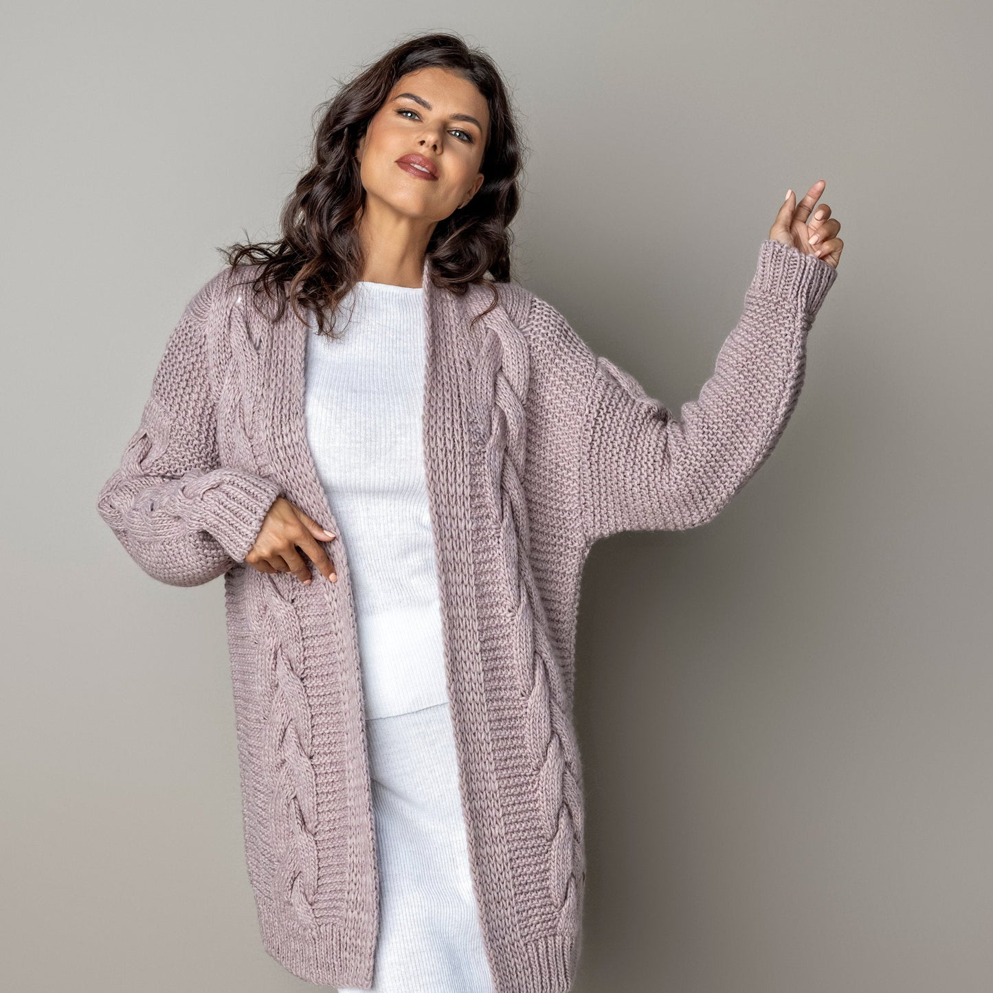 Chunky knit alpaca wool cardigan NORA - dusty rose