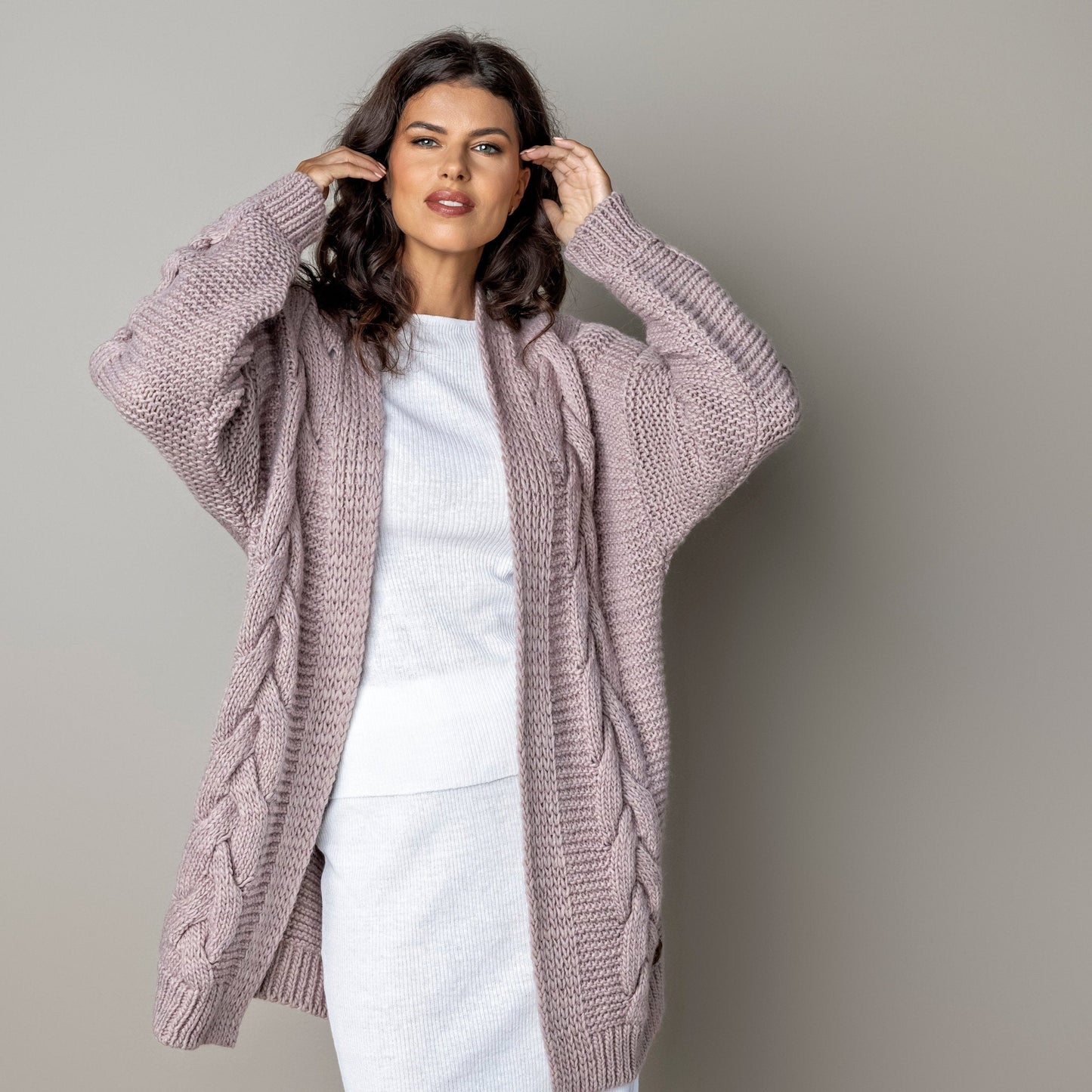 Chunky knit alpaca wool cardigan NORA - dusty rose