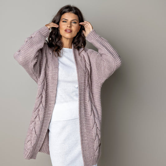Chunky knit alpaca wool cardigan NORA - dusty rose