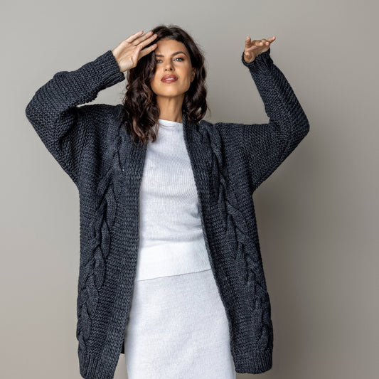 Chunky knit alpaca wool cardigan NORA - dark gray