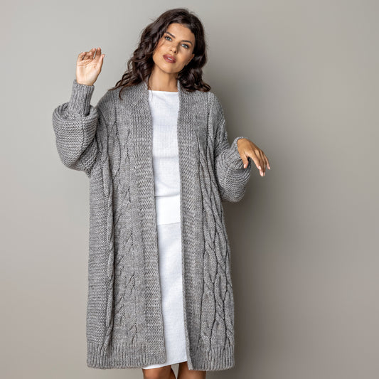 Chunky knit alpaca wool cardigan CATHERINE - cocoa