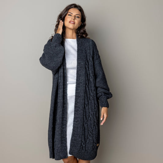 Chunky knit alpaca wool cardigan CATHERINE - dark gray