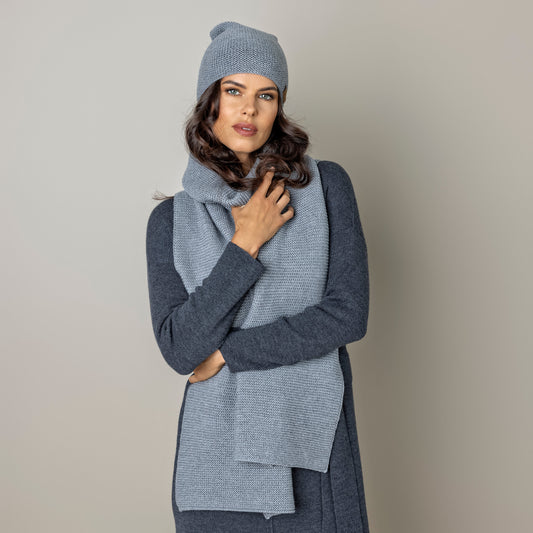 Knit minimalist soft 100% merino wool Scarf and hat - light gray
