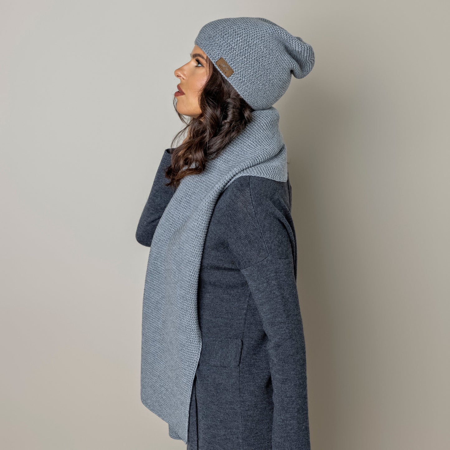 Knit minimalist soft 100% merino wool Scarf and hat - light gray