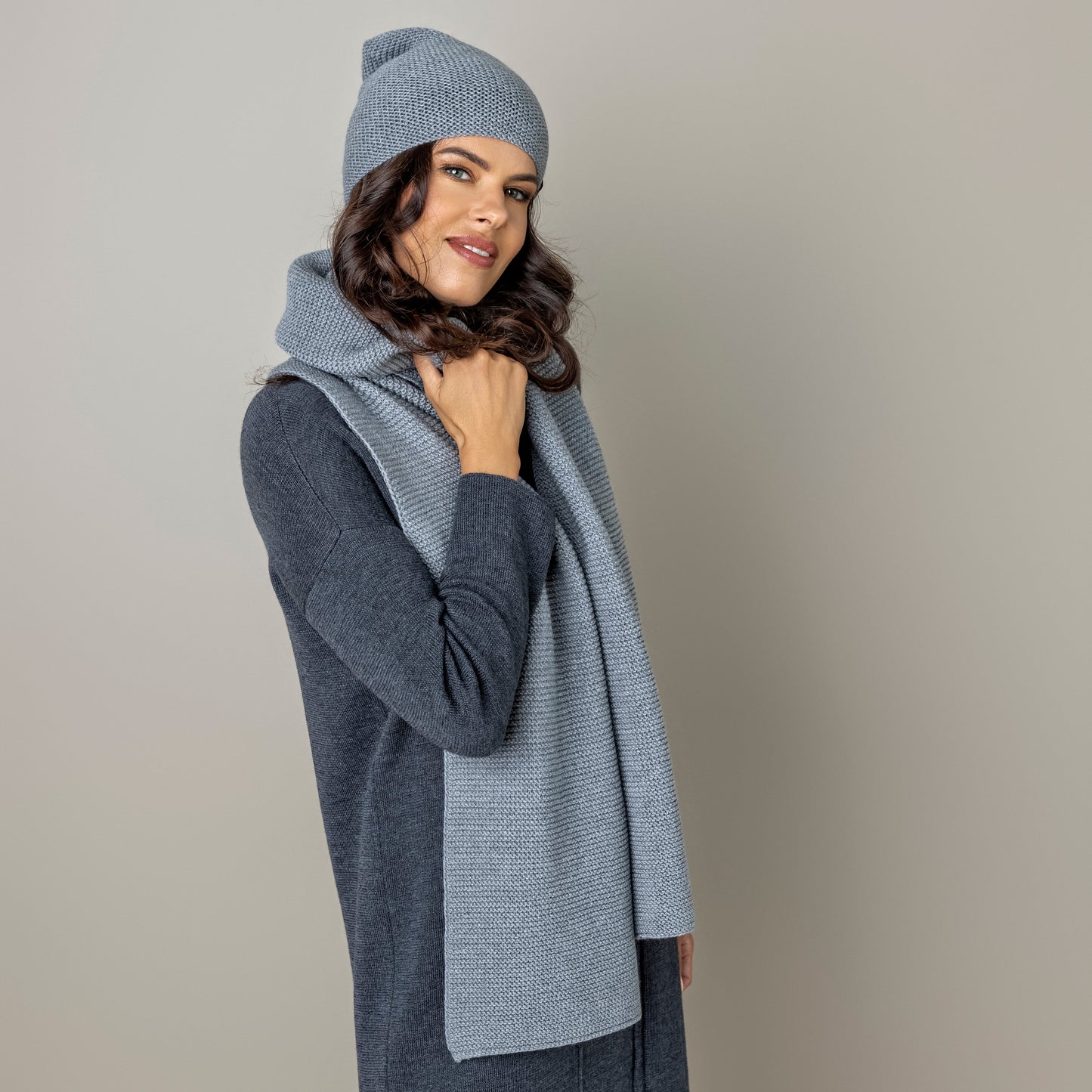 Knit minimalist soft 100% merino wool Scarf and hat - light gray