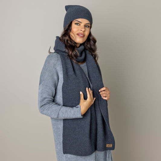 Knit minimalist soft 100% merino wool Scarf and hat - gray