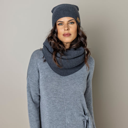 Knit minimalist soft 100% merino wool infinity Scarf and hat - gray
